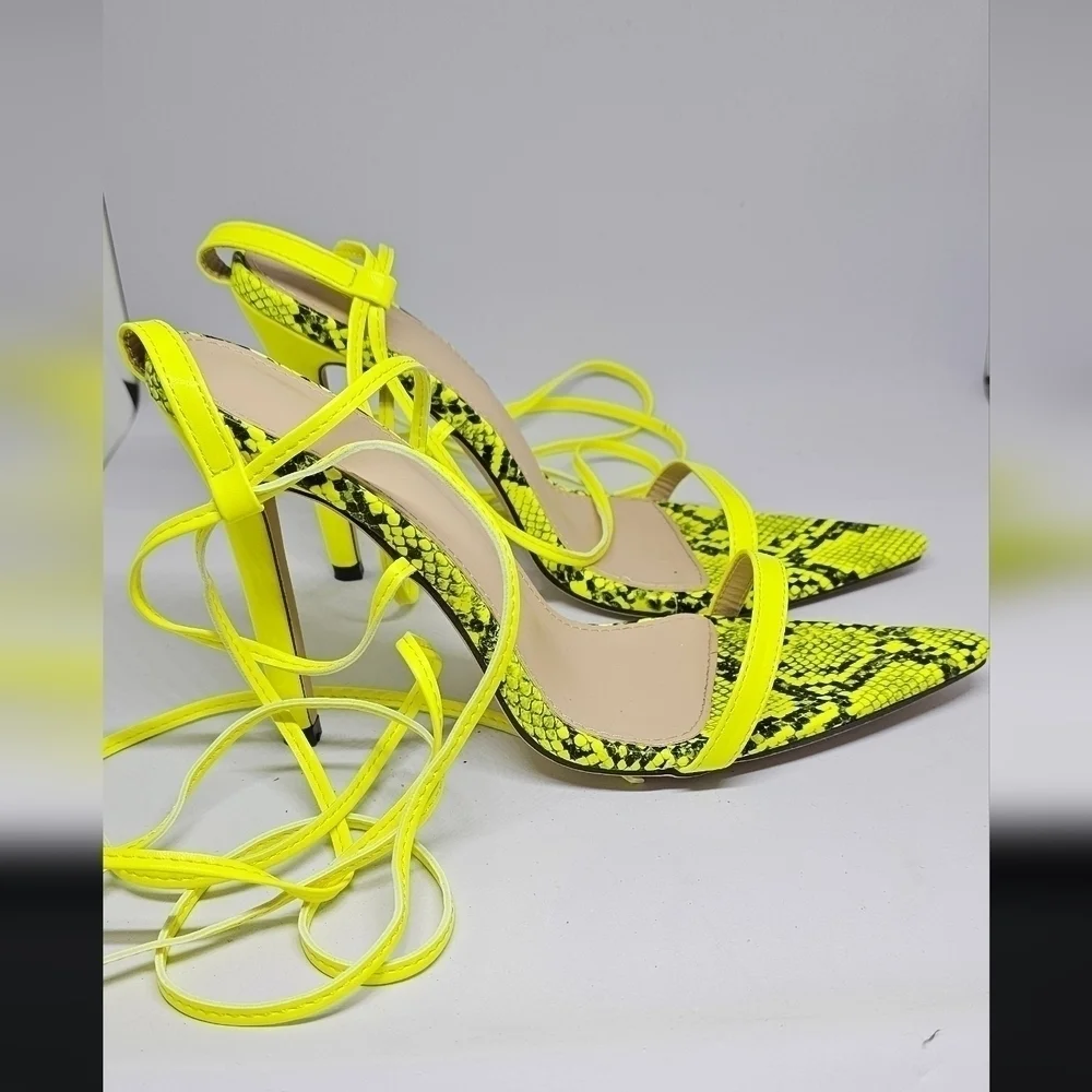 Women's Yellow Snake Print Stiletto 4' Heels Sandals